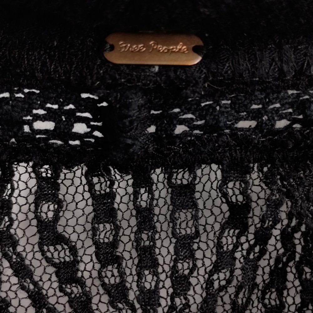 Free People Black Waffle Thermal Lace Neck Top - Picture 5 of 15